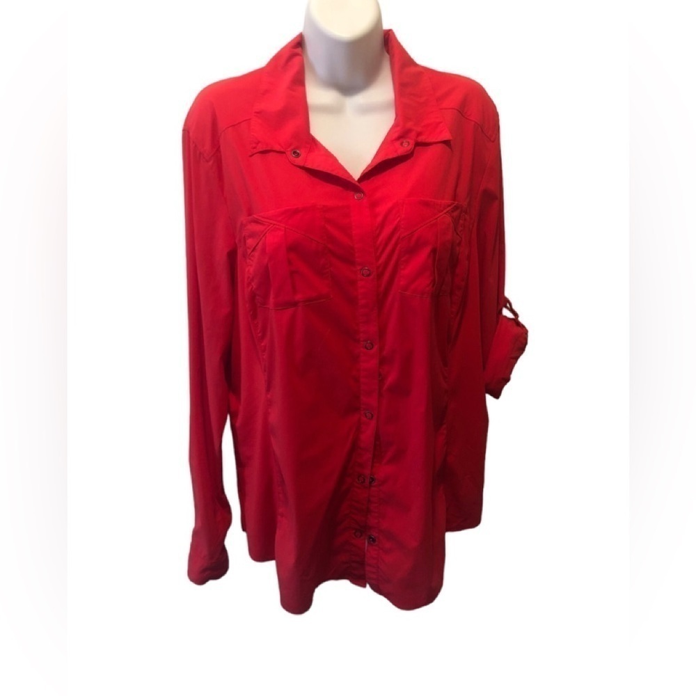 REI Hiking Top Blouse Sz. XL Red Full Snap Chest Pockets Roll Tab Sleeve Stretch